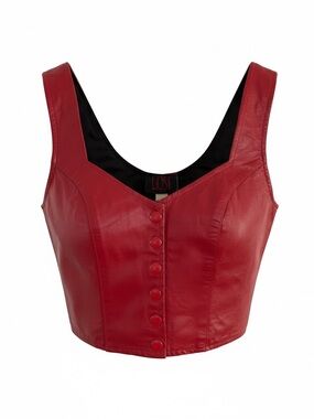 Vintage Red Faux Leather Button-Front Crop Top